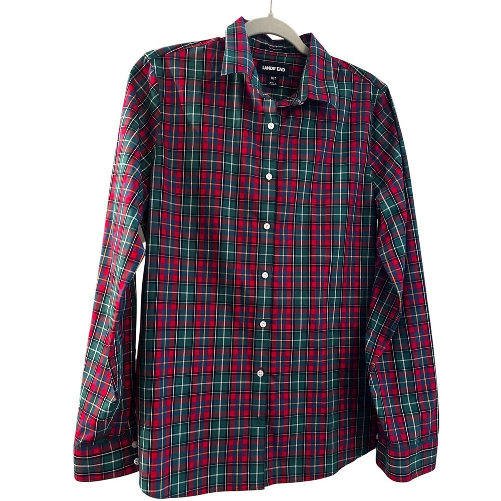Land's End 100% Supima Cotton No Iron Button‎ Front Shirt Plaid Sz 10 Tall Prep